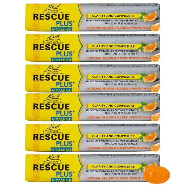 Rescue Remedy Plus Lozenge 6 Pack Bundle, Orange and Elderflower, Sugar Free Lozenge for Clarity and Composure, 6 x Pack of 10 Lozenge