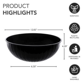 Party Essentials Hard Plastic 192 OZ./6 QT/1.5 Gallon Large Serving Bowls For Punch/Salad/Snack/Treat/Fruit, 3-Count, Black