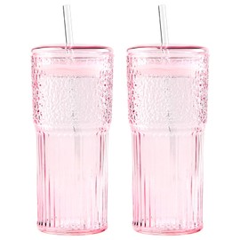 GOSCHE Glass Coffee Cups with Lids and Straws, 20oz Drinking Jar Glass Tumbler for Iced Coffee, Vintage Ripple Glassware Smoothie Cups, Pink, 2Pcs