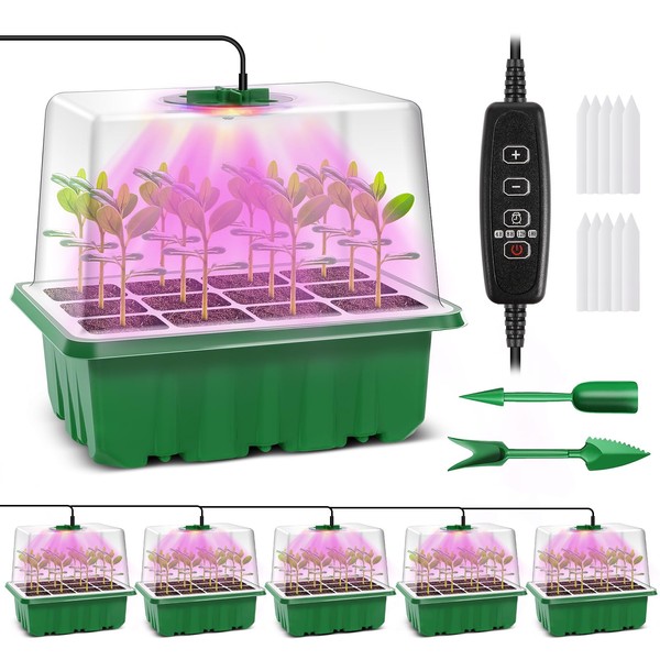 Verdenu Seed Trays with Grow Light, 5 Pack Propagators for Plants with Timing Controller, 60-Cells Seed Propagators with Lids Adjustable Brightness and Humidity, Seed Starter Tray for Greenhouse