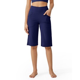 Promover Women's Knee Length Capri Pants with Pockets Wide Leg Yoga Capris Comfy Workout Exercise Crop Pants for Women 14 Inch(Royal Blue,M,14")