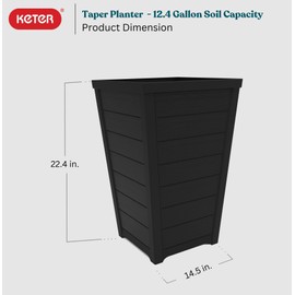 Keter Set of 2 Resin Modern Outdoor 22 Inch Tall Large Flower Pots, Tapered Wood Look Planters for Outdoor Plants and Front Porch Decor, Graphite