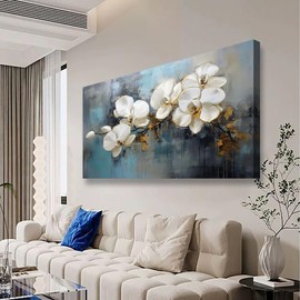SiGuTie Flower Canvas Wall Art Bedroom Wall Decor Living Room,Orchid Wall Art Office Kitchen Oil Paintings Artwork Modern Blue Grey Abstract Pictures Art Prints Waterproof Ready to Hang-24x48inch
