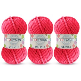 Troyarn Velvet (3- Skeins Pack) Chenille Blanket Amigurumi Yarn for Crocheting and Knitting Super Bulky 3x100 gr (3x132 yds) (10107 - Fusia)