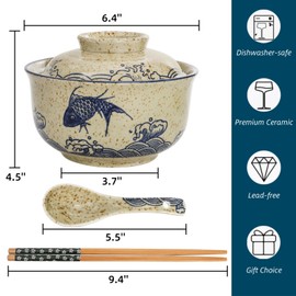 Nagpew 2 Pieces Ceramic Ramen Bowls, 25 Oz Large Soup Bowl with Lid, Spoon, Chopstick, Hand-painted Japanese Tableware for Noodles, Salad, Rice, Microwave Dishwasher safe