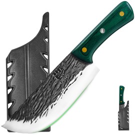 FULLHI Butcher Knife with Guard 2pcs Set, Multi-color Wood Handle Full Tang Chef Knife with Sheath, High Carbon Steel Meat Slicing Kitchen Knife for Outdoor, Camping BBQ (Green, Chef Knife)