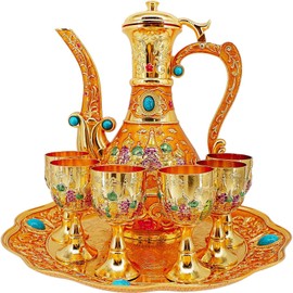 Vintage Turkish Coffee Pot Tea Pot Set,Crafts Teapot and Cup Set Including Tray and 6 Metal Cups,Tea Service Set for Tea Table Decor,Wedding Ornament (Gold)