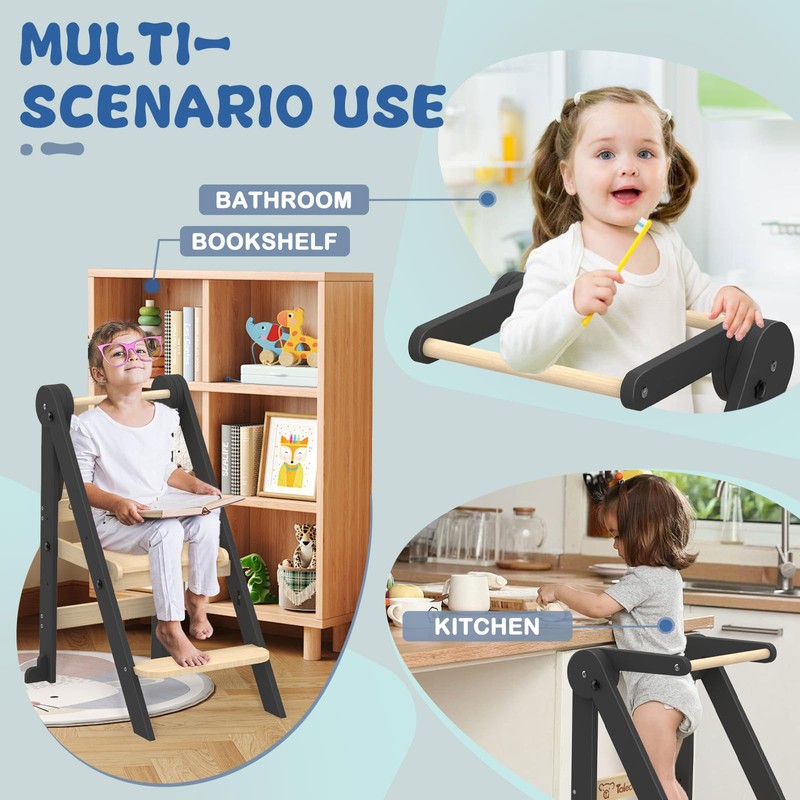 Foldable Toddler Kitchen Stool Helper, Toddler Standing Tower with 3