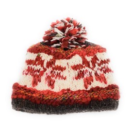 Hand Knit Wool Warm Beanie Hat Fleece Lined Snowflake Pattern Handmade in Nepal (Wool, Red)