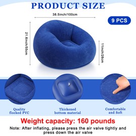 Realspring 9 Pcs Bean Bag Chairs for Adults Inflatable Chairs with Electric Air Pump,Blow up Couch Folding Portable Inflatable Couch Lazy Sofa for Reading Living Room Camping (Dark Blue)
