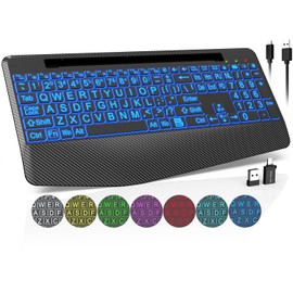 Wireless Keyboard with 7 Colored Backlits, Wrist Rest, Phone Holder, Rechargeable Ergonomic Computer Keyboard with Silent Keys, Full Size Lighted Keyboard for Windows, Mac, PC, Laptop (Large Print)