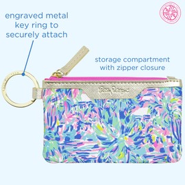 Lilly Pulitzer Blue ID Case Keychain Wallet with Zip Close, Cute Durable Card Holder for Women Teen Girls, Cabana Cocktail