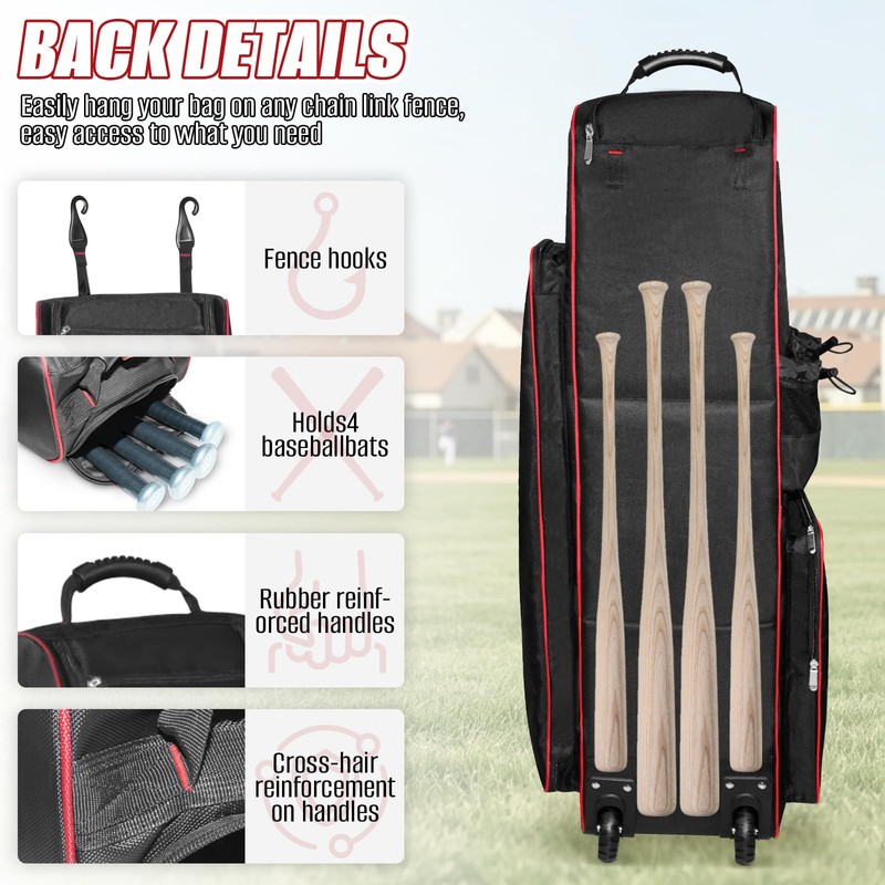 71L Rolling Baseball Bag with Wheels for 7 Bats,Softball Bag