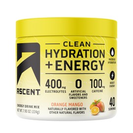 Ascent Clean Hydration + Energy Electrolytes Powder - 100mg of Caffeine & 400mg of Electrolytes, No Artificial Sweetener – Orange Mango, 40 Serving