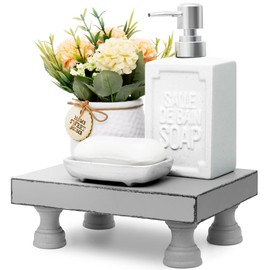 EOSAHR Decorative Wood Riser for Display : Modern Farmhouse Pedestal Stand for Home & Kitchen Decor and Stylish Soap Stand for Sink - Rustic Bathroom Counter Tray and Countertop Organizer (Light Gray)