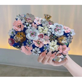 Floral Clutch Purse for Women Silk Glitter Evening Handbag Ladies Dress Crossbody Bags for Wedding,Prom,Party, Blue, Medium