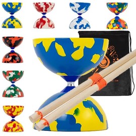 Juggle Dream Jester Diabolo Set with Wood Sticks - Pro Medium Rubber Diablo Set With Wooden Handsticks and Cascade Carry Bag (Blue and Yellow)