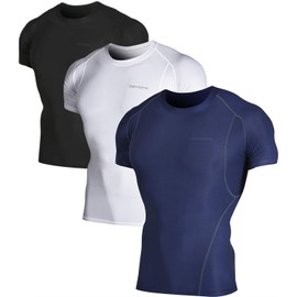 DEVOPS 3 Pack Men's Athletic Short Sleeve Compression Shirts (Medium, Black-Navy-White)