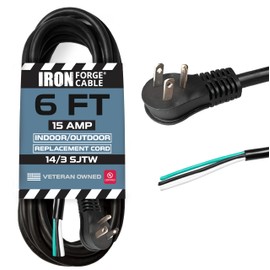 Iron Forge Cable Flat Plug 14 Gauge Power Cord Replacement - 6ft,15 Amp Black Heavy Duty, 14/3 SJT 3 Prong Cable for Appliances & Power Tools
