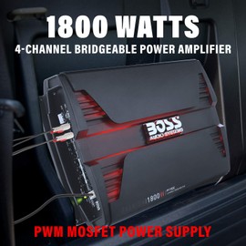 BOSS Audio Systems PF1800 4 Channel Car Amplifier - 1800 Watts, Full Range, Class A-B, 2-4 Ohm Stable, Mosfet Power Supply, Bridgeable