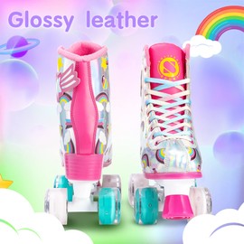 SULIFEEL Rainbow Unicorn Roller Skates for Girls Light up Wheels Kids Quad Skates with High Top Reflective TPU Leather Rainbow Unicorn