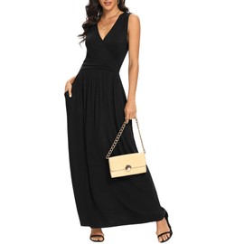 LILBETTER Women Sleeveless Deep V Neck Loose Plain Long Maxi Casual Dress(Black,Medium)