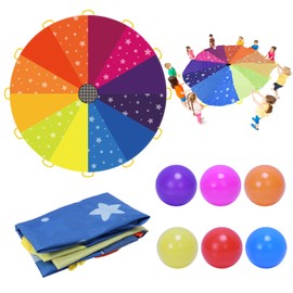 DKINY Rainbow Swing Cloth Children 2.4 m Colourful Parachute with 12 Balls and 12 Handles Parachutes Toy Parachute Game Cooperative Movement Game Sports Game Outdoor Group Game for Garden Schools