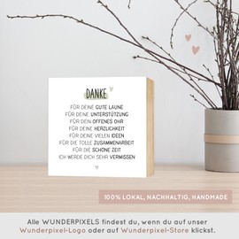 Wunderpixel® Holzbild Abschieds-Geschenk Kollegin Einzahl - Danke-schön - 15x15x2cm zum Hinstellen Aufhängen, Spruch - schwarz-weißes Holz-Schild Wand-Bild Aufsteller Aufmerksamkeit