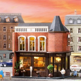 CUTEROOM Miniature House, DIY Dollhouse Set Made of Wood, Mini House Building Set with Furniture and LED Light, Birthday Gift for Women and Girls (Garden Restaurant)