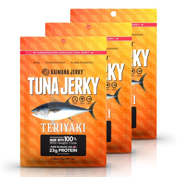 Kaimana Wild-Caught Ahi Tuna Jerky - Teriyaki | Rich in Omega-3s & High in Protein | All-Natural & Organic Fish Jerky (3 pack, 2 oz)