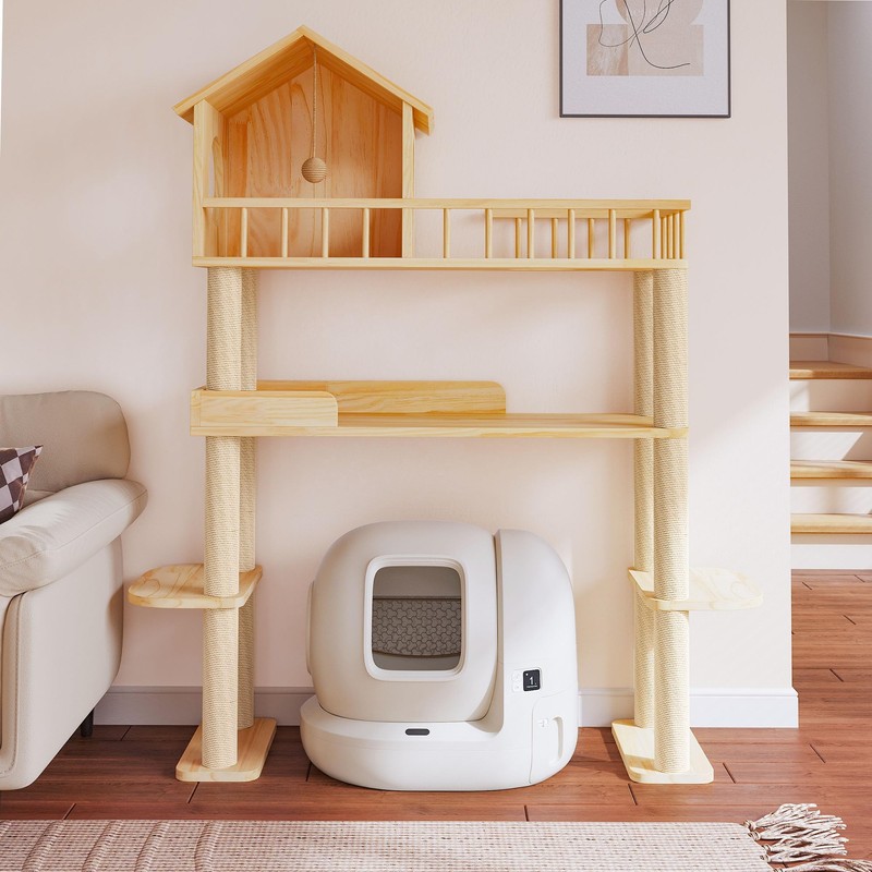 Homiflex Wood Cat Tower for Automatic Litter Box, 60.2" H