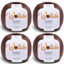 Wollidu Kira 100% Cotton for Knitting and Crocheting 4 x 50 g Set Crochet Yarn Knitting Yarn - Brown