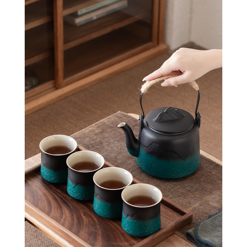ZENS Vintage Japanese Tea Set, Gradient Embossed Ceramic Japanese Teapot