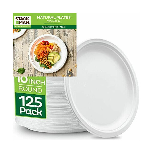 100% Compostable 10 Inch Heavy-Duty Plates [125-Pack] Eco-Friendly White