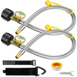 2 Pcs 15 Inch RV Propane Hoses with Gauge, Steel Braided Camper Tank Hose QCC1 to 1/4" Male NPT Adapter Replacement for BBQ, RV, and Camping Outdoor Cooking