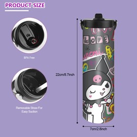 HOOKTA Kuromi Stainless Steel Water Bottle, 590 ml, Stainless Steel with Handle, Kitty Sports Water Bottles with Straw, Leak-Proof, Reusable Drink Cup (Pull)