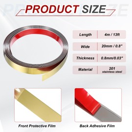 MECCANIXITY Gold Trim Peel and Stick, Self Adhesive Mirror Trim Border 13ft x 0.8" Stainless Steel Mirror Finish Molding Tape Strips for Wall Cabinet Tile Edge Molding