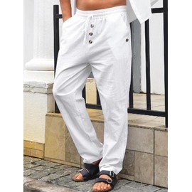 TRFIC Men's Linen Pants Casual Buttoned Yoga Pants Baggy Elastic Waist Drawstring Beach Pants White