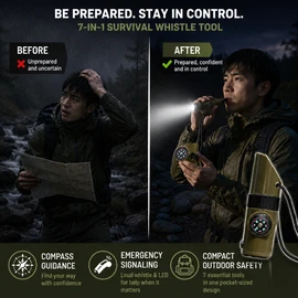 7-in-1 Survival Whistle Tool for Camping – Compact Compass, LED Light & Signal Kit for Hiking Gear