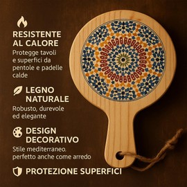 PinoLab Wood and Ceramic Trivet 14 x 20 cm Heat Resistant - Assorted Designs, Table and Surface Protection, Mediterranean Style Decorative Design, Elegant Kitchen Accessory (Round)