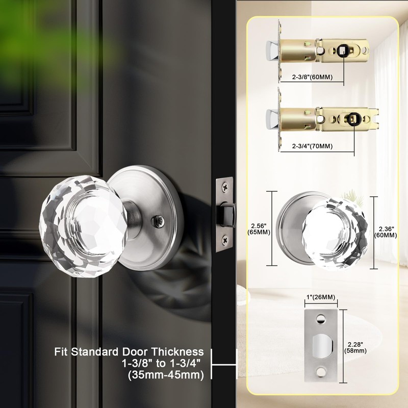 Lepushom 6 Pack Crystal Door Knobs Interior, Elegant Satin Nickel