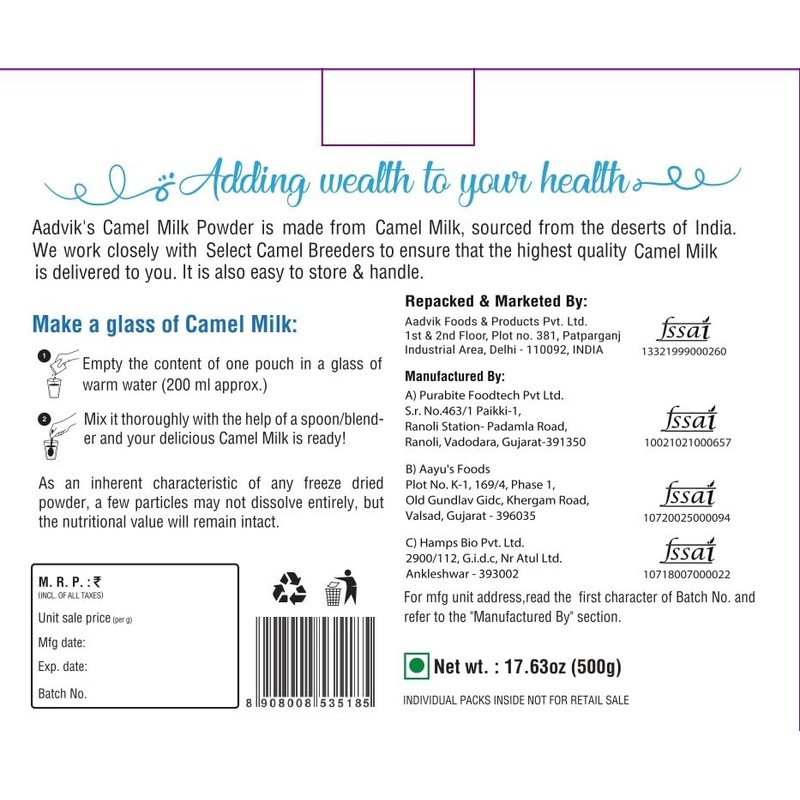 Aadvik Freeze Dried Camel Milk Powder | Pasture Grazed |