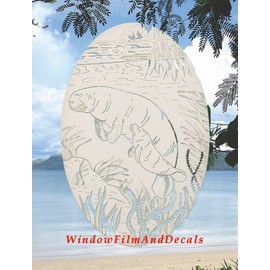 Oval Manatee Etched Window Decal Vinyl Glass Cling - 21" x 33" - White with Clear Design Elements