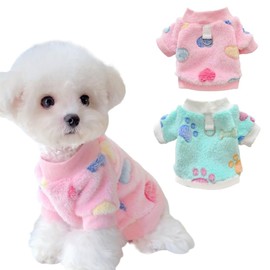 2 Pack Fleece Pink Dog Sweater Soft Pet Sweatshirt with Leash Ring Paw and Heart Printed Puppy Clothes for Small Dogs Warm Cat Apparel Cold Weather Vest for Chihuahua Yorkie (Pink Blue, Small)