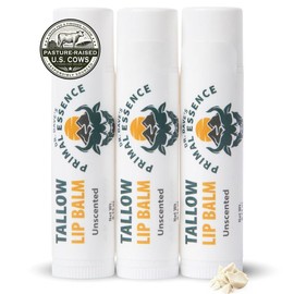 Moisturizing Tallow Lip Balm - Grass-Fed Beef Tallow with Organic Coconut Oil, Beeswax and Vitamin E - Unscented, 3-Pack - Scent: Unscented