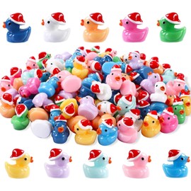 Mini Ducks Christmas Resin Tiny Ducks 50 Pack Little Small Plastic Ducks, Mini Ducks With Santa Hats for Christmas Party Bag Fillers, Fairy Garden Accessories Micro Landscape Gifts Colorful
