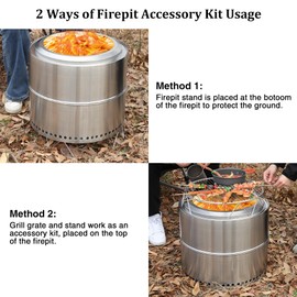 Lineslife Fire Pit Accessory Kit for Solo Stove Bonfire and Other 19.5" Firepit, Stainless Steel Fire Pit Stand & Grill Cooking Grate, Round Campfire Grill for Outdoor Camping, Silver Fireplace Tools