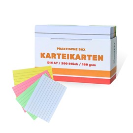 Index Cards A7 Lined in Practical Box (7.4 cm x 5.2 cm), Pack of 200 Colourful Flashcards, Assorted Colours, as Presentation Cards, Vocabulary, Office