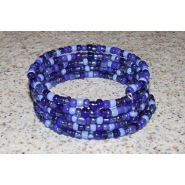 "Handmade" Sapphire Blue Mix Beaded Wrap / Coil Bracelet Glass Beads Memory Wire - USA