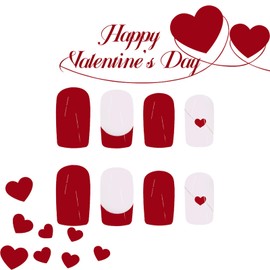 24Pcs Valentines Day Red Press on Nails Medium Squarer Fake Nails with Gold Line Design Heart Press on Nails Glossy Acrylic Nails Stick on Nails for Women Girls Valentine’s Day Manicure